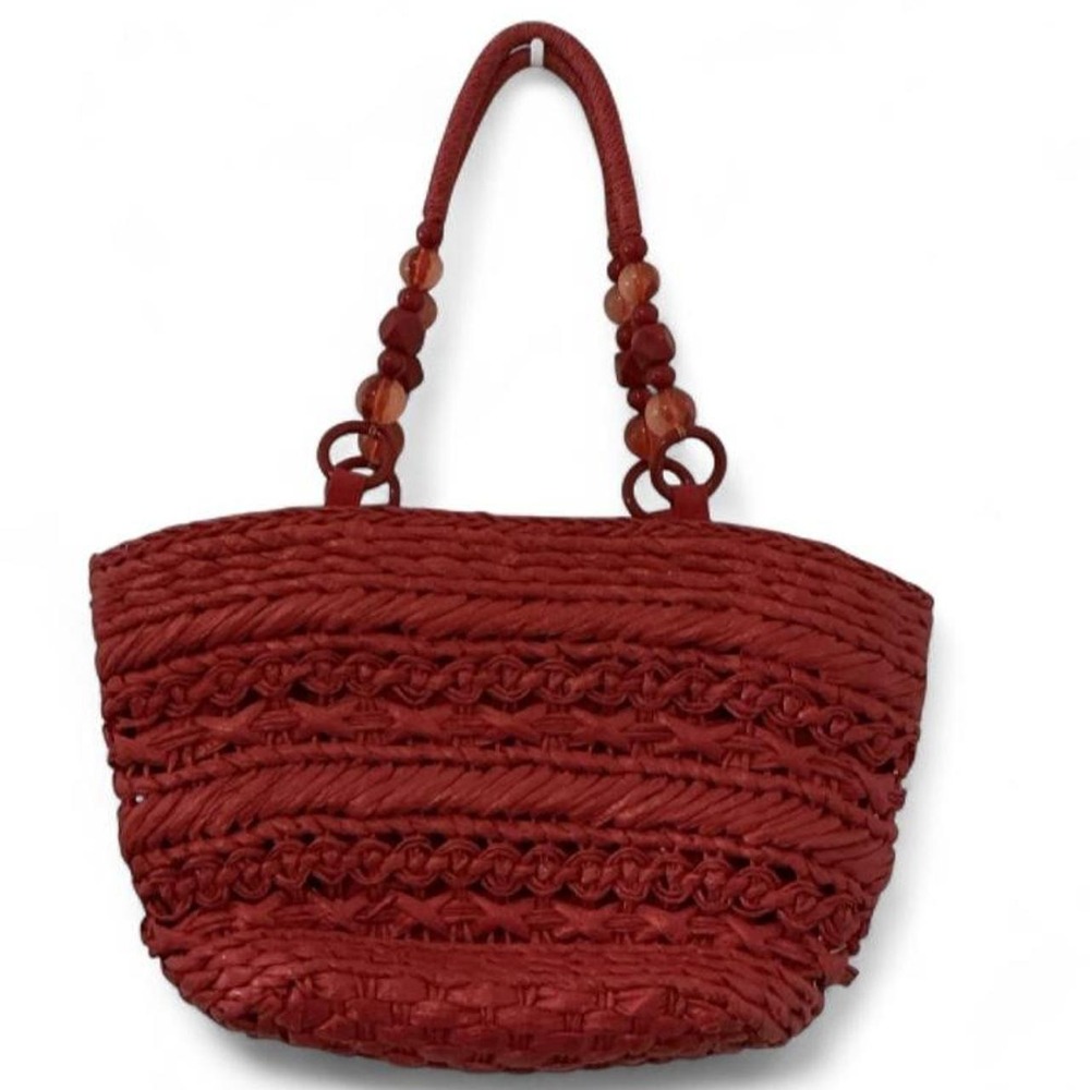 Chico's Straw Tote Bag‎ Womens Red Woven Beaded Handle Zip Closure
